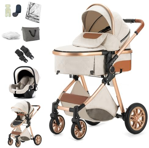 BEBBY Kinderwagen 3 in 1,Kinderwagen Buggy Mit Babyschale,Mit Höhenverstellbarer buggy Komplettset Faltbare tragbare,Buggys Mit Aluminiumrahmen für Neugeborene 0 bis 3 Jahre (Rice white-6, H2)