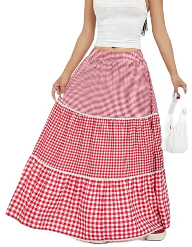 Y2K - Falda larga a cuadros para mujer, cintura elástica, cintura alta, volantes, acampanada, falda acampanada, rosso, 48