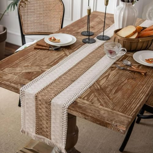 Chemin de table en macramé - Style bohème - Avec franges - Pour mariage et table à manger - 30 x 120 cm