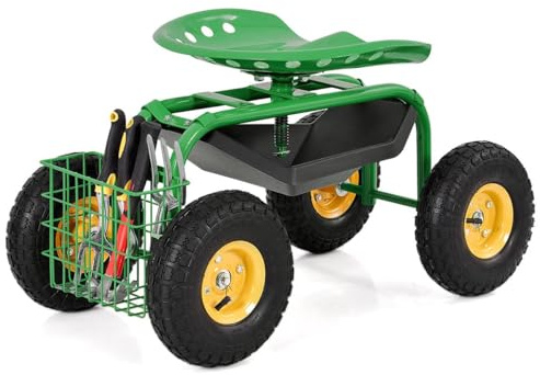 SOARS Siège Roulant de Jardin Pivotant à 360° et Réglable en Hauteur de 46 à 53 CM, Tabouret de Jardinage avec Étagère et Panier, Charge Maximale 150 KG, pour Jardinage et Entretien, Vert
