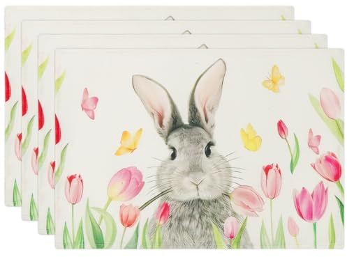 Hase Tulpen Frühling Platzsets Set 4 Stück, Tischset Ostern, Platzsets Frühling Sommer Küche Tisch Dekoration, Oster Tischdeko, Drinnen Urlaub Party Deko 30x45cm