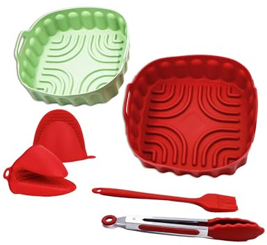 Kofebe 2 Pezzi Teglie in Silicone per Friggitrice ad Aria, Rivestimenti Riutilizzabili Antiaderenti, friggitrice aria accessori per Forno e Microonde 8 Pollici (Rosso+Verde)