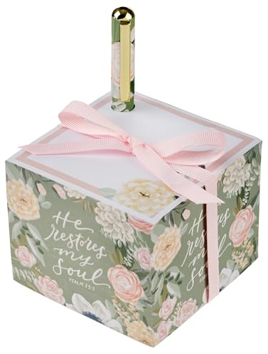 Christian Art Gifts Premium Inspiring Scripture Note Block Cube & Pen Set for Women: He Restores My Soul Encouraging Bible Verse, 750 Paper Sheets, Home & Office, White/Pink/Green Multicolor Florals