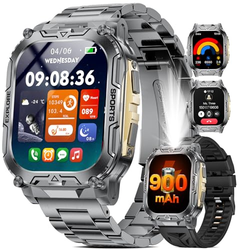 HIRREO TX12 Military Smart Watch for Men, 900 mAh/LED Flashligh/2.01'' HD Screen Fitness Tracker Watches, 100+ Sports Mode/Pedometer/IP68 Waterproof Men's Smartwatch for Android iOS Phones