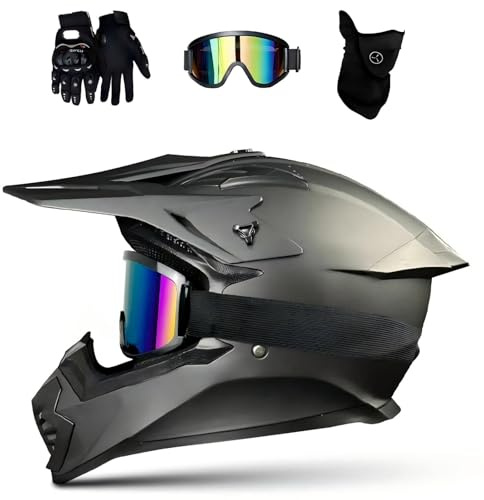 DriveNova Casque Intégral pour Motocross et VTT, Casque Cross pour Adultes avec Lunettes, Masque et Gants, Casque Full Face Moto Downhill ATV Incluant 3 Garnitures de Différentes Tailles (A)