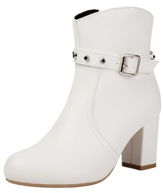 Vintage Korta Stövlar Med Nitar Damankelstövlar I PU-läder Med Blockklack 2025 Moderna Ankelboots Med Metallspänne Höst-/vinterhöga Klackar Med Dragkedja Eleganta Aftonskor(White,38 EU)