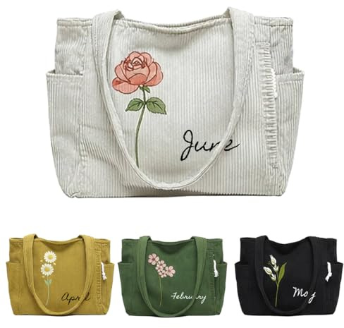 JeathFea Personalizadas Bolso Tote Mujer con Flores y Nombre, Bolso Tote Grande de Pana Personalizado, con Bolsillos y Cierre, Ideal Regalos para Trabajo, Estudio y Viajes Cumpleaños