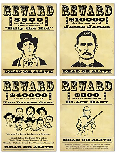 Beistle 38,73 cm Wanted Sign Cutouts, 4 Stück | Western Barnyard Party Dekorationen, Old West Cowboy Themen-Events und Geburtstagsfeiern, Fotoautomaten-Hintergrund