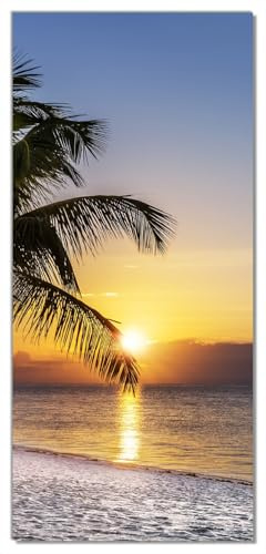 Wallario Selbstklebende Türtapete Palme am Strand - Sonnenuntergang über dem Meer - Türposter 93 x 205 cm Abwischbar, rückstandsfrei zu entfernen