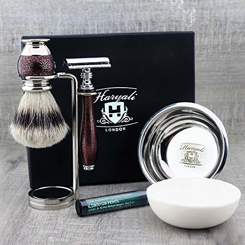 5-teiliges Premium Selection Rasierset für Männer mit Silberspitze Rasierpinsel & De Rasierhobel + Doppelständer für Stahl Rasierschale & Haryali London Premium Seife