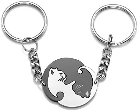 JOVIVI 2 llaveros de acero inoxidable para parejas, Ying Yang Cat Tai Chi, pieza de rompecabezas de amistad, BBF, mejor amigo, llavero para pareja, él y ella, regalos de San Valentín, 25 mm, Cadena