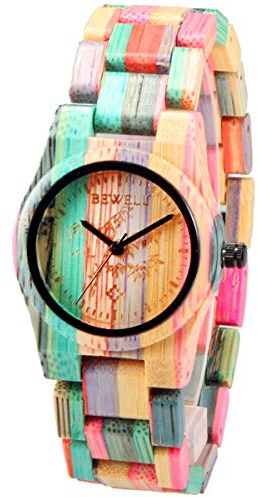 Alienwork Wood Armbanduhr Damen Natur-Bambus Elegant