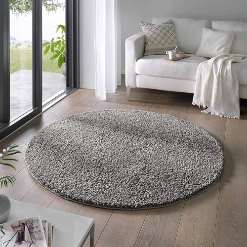 Taracarpet Shaggy Teppich Wohnzimmer Venezia Hochflor Langflor Teppiche modern Anthrazit 150 cm rund