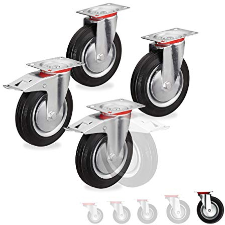 Relaxdays Schwerlastrollen 4er Set, drehbar, Kugellager, 2 Rollen mit Bremse, Tragkraft bis 800kg, Rad D: 200mm, schwarz