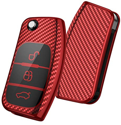 OATSBASF Autoschlüssel Hülle Geeignet für Ford Fiesta Focus Galaxy Fusion Mondeo C-Max S-Max Bantam,Seat 3-Tasten Schlüsselhülle Cover TPU Schlüsselbox (Rot-Streifen)