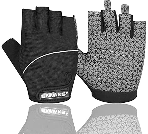 SAWANS Gel Cycling Gloves Fingerless Padded Mountain Bike Bicycle Gloves Anti-slip Gym MTB Half Finger Reflective Biking Mitts Shock Absorbing Hiking Sports