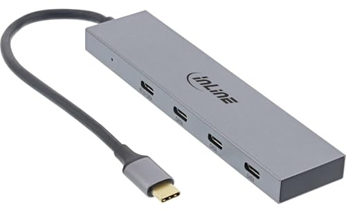 InLine® USB 3.2 Gen.2 Hub (10Gb/s), USB Typ-C zu 4 Port Typ-C (1 Port Power Through bis 100W), OTG, Aluminiumgehäuse, grau, ohne Netzteil