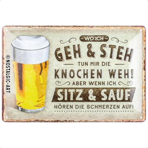 Nostalgic-Art Retro Blechschild, 20 x 30 cm, Wo ich geh und steh – Bier | aus Metall, Vintage Design, Blechschilder Sprüche, Bier-Deko, Geschenk-Idee für den Biergarten