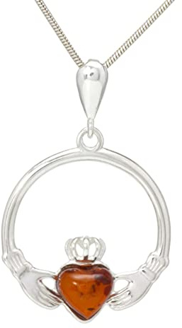 LIGURIUS NATURAL BALTIC AMBER STERLING SILVER 925 NECKLACE Cognac Circle Round Heart PENDANT Gemstone For Women & Silver Adjustable CHAIN Snake 45cm - 50 cm, Gift set