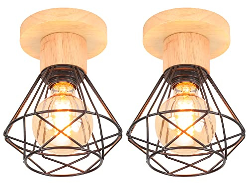 iDEGU 2 Stücke Deckenleuchten 16cm Industrielle Deckenlampe aus Holz und Metall Vintage Lampe mit Geometrischem Käfig Schwarz Lampenschirm E27 Retro Deckenbeleuchtung für Flur Wohnzimmer (2x Lampen)