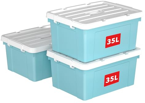 Cetomo 35L*3 Caja de Almacenamiento con Asa, Caja de Plástico con Tapa y Cierre Seguro, Contenedor de Almacenamiento Grande, Duradera, Apilable, Resistentes, Azul, Paquete de 3 de 35L