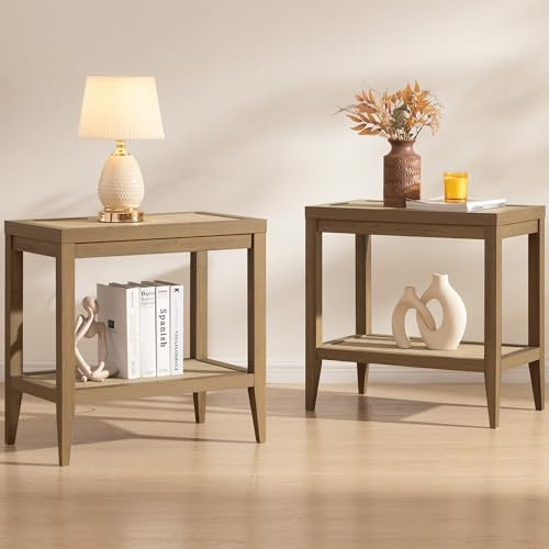 SICOTAS Rattan Nightstands Set of 2 Bedside Table - Boho Narrow End Table Living Room Set of 2 Side Table with Rattan Storage Shelves for Small Space
