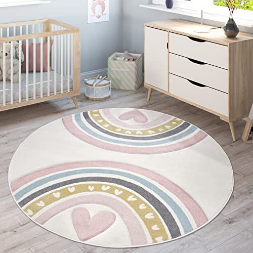 Paco Home Teppich Kinderzimmer Kinderteppich Junge Mädchen Pastell 3D Effekt Modern Regenbogen Herz Creme Rosa Grau, Grösse:160 cm Rund