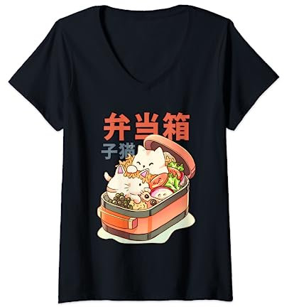 Femme My Happiness Boîte à déjeuner pour chaton et chat Bento Kawaii Ramen T-Shirt avec Col en V