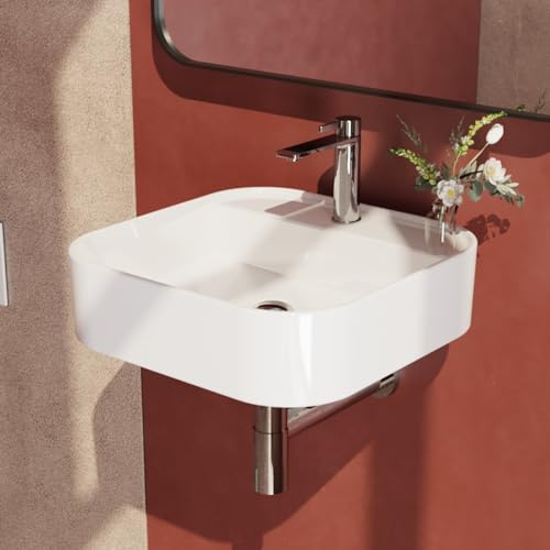 EMKE Vasque à Poser 40 x 40 x 11 cm, Coins Arrondis, Blanc Brillant | Lavabo Carré en Céramique, Lave-Mains Suspendu pour Salle de Bain et WC Invités (Sans Robinet ni Bonde)