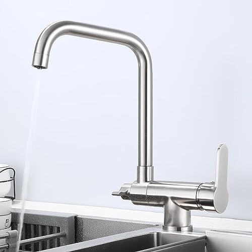 3 Wege Wasserhahn Küche Klappbar Vorfenster 360° Drehbar Wasser Trinken Wasser Kalt und Heiß Messing Küchenarmatur-Gebürstet
