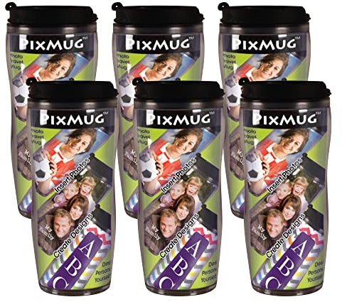 PixMug Lot de 6 tasses de voyage avec photo – The Mug That's A Picture Frame – DIY – Insérez vos propres photos ou designs – 414 ml avec couvercle rabattable