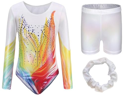 Adigau Mädchen Turnanzug Turnshorts Haarband Set Langarm Ballettbody mit Sport Shorts Ballettanzug Turnbody Sport Trikotanzug Gymnastik Trikot Leotards B1 5-6 Jahre
