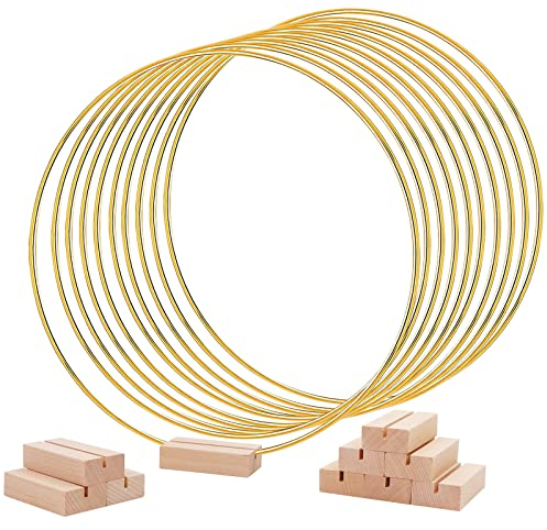 QUOTRE 10 Pezzi Cerchi Metallo per Ghirlande, 30cm Anelli Ghirlanda d'oro con 10 Base in Legno, Cerchio Metallo Allestimenti da Tavolo per Fai da Te da Te Ghirlande da Tavolo di Nozze Decorazioni