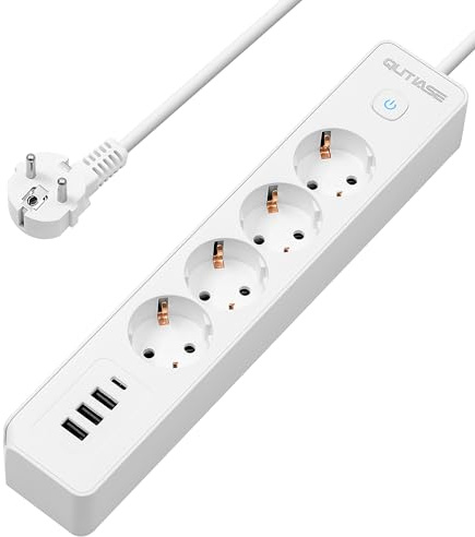 QUTIASE Steckdosenleiste mit USB C, Mehrfachsteckdose mit 4 USB Wandmontage, Mehrfachstecker mit USBC Verteilersteckdose, Steckerleiste Überspannungsschutz 4-Fach 3680W mit Schalter, 1,8M Kabel - Weiß