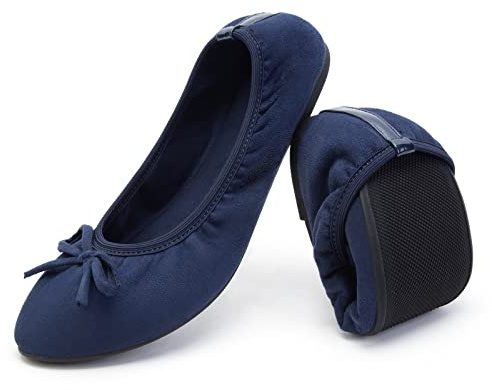 Greatonu Women's Ballet Pumps Comfort Foldable Portable Travel Slip on Slipper Bow Tie Flats Shoes Navy 8 UK