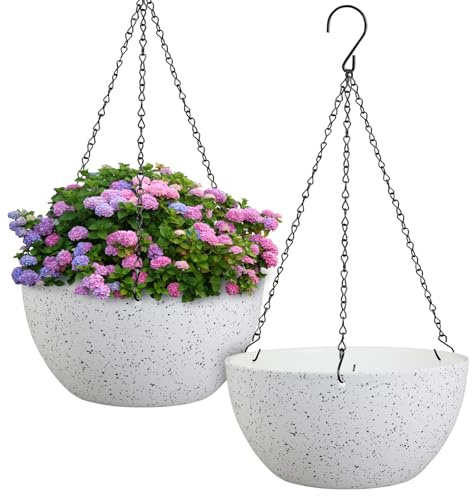 Meowell 12 inch Large Hanging Planters for Indoor Outdoor Plants, 2 Pack Hanging Flower Pots with Drainage Holes and Chain for Garden Porch, Plastic Hanging Baskets for House Plants, Speckled White