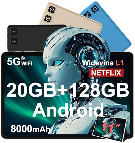 DMOAO Tablet 11 Zoll mit Android 14, 8000 mAh 20+128GB ROM und Widevine L1 | 1 TB erweiterbar, Octa-Core 2.0 GHz mit 18W Schnellladung, sowie 13 MP + 5 MP Kamera, mit 5G-WLAN, GPS und Face-ID, Schwarz