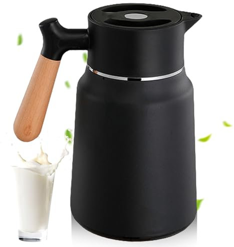 1.5L Thermoskanne, Edelstahl Isolierkanne, Kaffeekanne Thermo Doppelwandige Vakuumisolierung, Kaffeekanne Teekanne mit Holzoptik griff, Warmhaltekanne für Tee, Wasser, Getränk, Schwarz