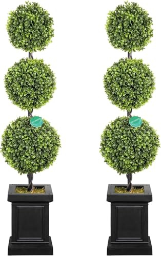 3.5ft Boxwood Outdoor Topiary Set of 2, Tall All Year Green Fake Plant Topiary Trees Artificial Outdoor Porch Trees with Sturdy Pot for Outdoor Indoor (Ball)