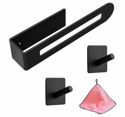 1 Selbstklebende handtuchhalter(Handtuch Halterung) schwarz ohne Bohren mit 2 Handtuchhaken verwendet in der Küche,duschwand, Badezimmer(Bad), und WC (3, allgemeines Schwarz, 204mm)
