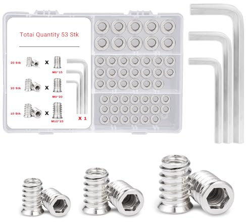 50 Stück Einschraubmutter Set für Holzmöbel(M6x15mm, M8x20mm, M10x25mm), Gewindeeinsätze Schraubdübel Einschraubmuffen mit 3 Stück entsprechende Sechskantschlüssel