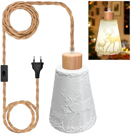 LAKONEI 500CM Lámpara Colgante con Interruptor, E26 E27 Lámpara Colgante con Cuerda de Cáñamo, Pantalla de Reno Beige Impresa en 3D DIY Portalámparas Lámpara de Cáñamo de Techo Vintage(Sin Bombilla)