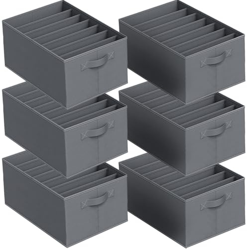 Niviy Kleiderschrank Organizer 6er Set Aufbewahrungsbox Schrank Organizer | 7 Fächer Schubladen Ordnungssystem Faltbar,Für Ihrer Kleidung,Hosen,Wickelutensilien,Pullover,Unterwäsche（L44*B30*H20cm Grau）