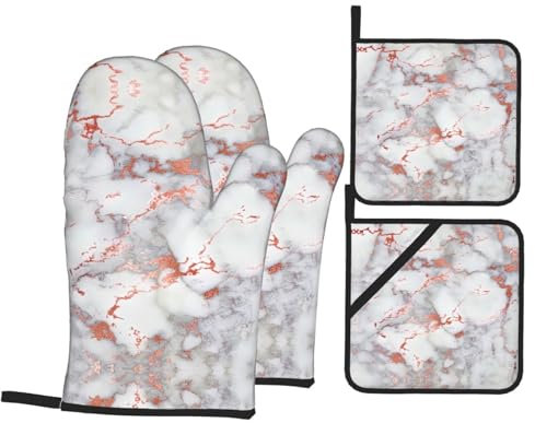 Guanti da forno in marmo bianco con stampa oro rosa e presine, resistenti al calore, per cucinare e grigliare