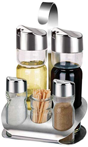 Menage-Set mit Ständer, 4 oder 5-teilig, Edelstahl, Gewürzflaschen-Set, Salz- und Pfefferstreuer, Öl- und Essigbox, Gewürz-Servierhalter, Kochutensilien, 5 Stück