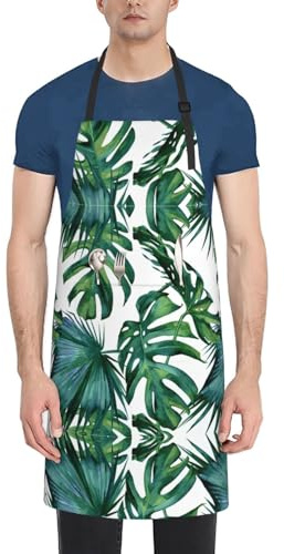 GUOLGP Tablier de cuisine imperméable avec poches pour adulte Motif feuilles de bananier Vert 71 x 83 cm, Noir , taille unique