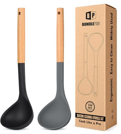 Pack of 2 Soup Ladle, Silicone Ladle Spoon with Wooden Handle, Large Non Stick High Heat Resistant Kitchen Utensils for Cooking, Stirring, Serving Soups(BLACK-GRAY)