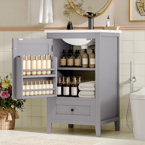 51 x 46 x 85 cm, mobile da bagno con lavabo, lavabo completamente laccato, ripiano regolabile, ceramica (grigio, 51 x 46 x 85 cm)