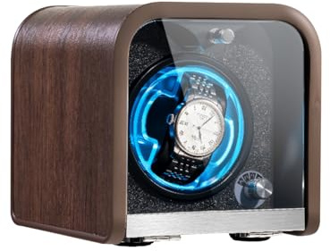 Snovire Automatic Watch Winder Box for 1 Watch Rotator with Super Quiet Motor & Elastic Watch Pillows & LED Blue Light & 4 Rotation Mode Settings, Plug-in or 2 * AA Batteries (not Included)