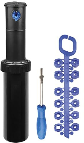 S&M 590184 – Aspersor de Largo Alcance de turbina Regulable 25° - 360° | con Juego de 12 boquillas y Llave reguladora | Alcance hasta 14,4 Metros | Altura del vástago emergente: 12,5 cm